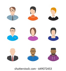 Set of vector flat style people faces and busts. Characters figures and avatars, freelancer, businessman with tie and jacket, and secretary faces, both men and women with hairstyle.