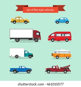 Set Of Vector Flat Style Vehicles. Taxi Cab, Car, Truck, Lorry, Minivan, Pick Up Truck, Utility Truck. Vector Illustration.