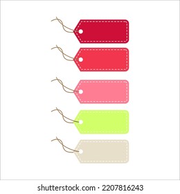 A set of vector flat tags design with linen string tying. Color label cards tied with knots and bow of realistic linen material cord illustration.