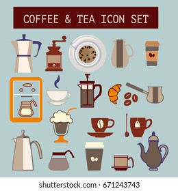 Set of vector flat tea and coffee icons for web design 