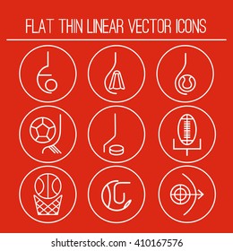 Set of vector flat thin linear icons on the theme of sport and active recreation. On a bright red background.