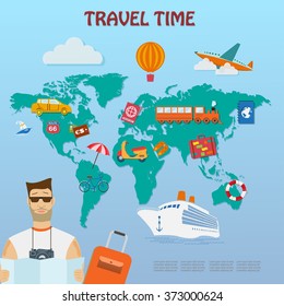 Set of vector  flat  travel Icons,tourism and journey elements on map background