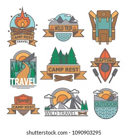 Set of vector flat traveling beautiful and colorful illustrations, badges, icons