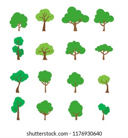 set Vector, of flat trees including pine and deciduous trees on White background.