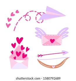 Set of vector flat valentine's day illustrations. Background for greeting cards, packaging, design for a holiday, wedding, engagement.