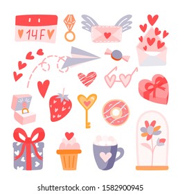 Set of vector flat valentine's day illustrations. Background for greeting cards, packaging, design for a holiday, wedding, engagement. Hearts and red symbols of love in pink colors