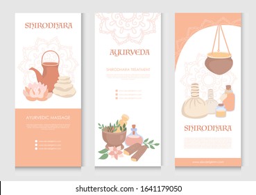 Set of vector flier templates Ayurvedic massage. Collection of flyers for Shirodhara treatment or traditional Indian SPA salon. Vertical cards with flat objects in delicate beige and pink colors.