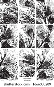 Set of vector floral abstract background. Black silhouette on white. Dirty Art. Vector Flowers. Abstract Grunge Print. 
