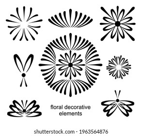 Set of vector floral abstract decorative elements, badges, icons in linear black and white design. Elegant ornament, vector logo, symbol.