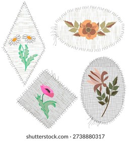 A set of vector floral applique patches on linen fabric texture, hand-stitched with frayed edges: chamomile, anemone, poppy, and magnolia flowers in soft pastel and earthy tones.