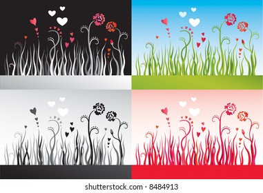 Set of vector floral backgrounds with grass, flowers and hearts