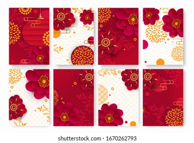 Conjunto de fondos vectoriales florales en estilo oriental. Imitación de flores cortadas de papel sobre un fondo blanco y rojo.