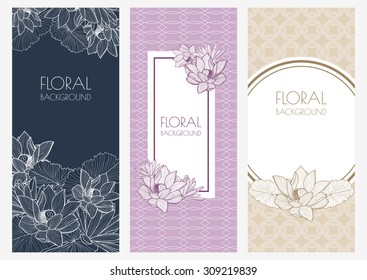Set von Vektorbanner-Hintergründen und nahtlosem Muster. Vintage-Illustration von Lotus, Lilienblumen. Hochzeitseinladung, Geburtstagskarte, Flyer, Banner, Broschürendesign für Blumenladen, Boutique.