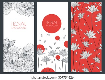 Set of vector floral banner backgrounds and seamless pattern. Linear illustration of lotus, lily flowers. Concept for boutique, jewelry, beauty salon, spa, fashion, flyer, invitation, banner design.