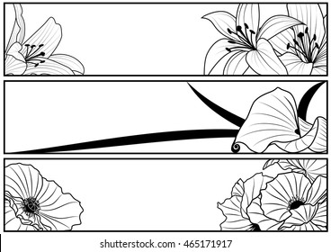set of vector floral banners with lily and poppy in black and white