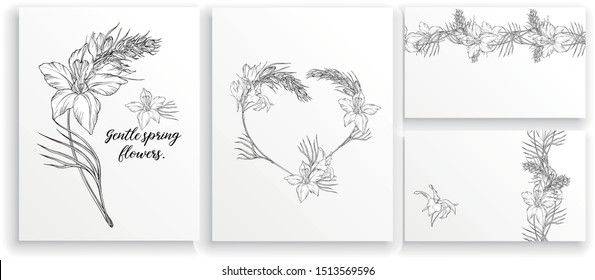set of vector floral black and white compositions