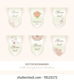 set of vector floral bookmarks / labels arrow shaped. transparent shadows, each grouped separately