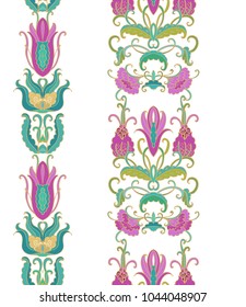 Set of vector floral border ornaments with violet tulips on white background