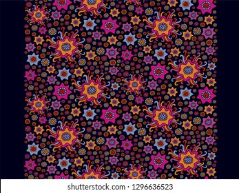Set of vector floral border ornaments with purple - violet stars on dark background