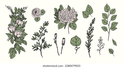 Set of vector floral branch in retro style.