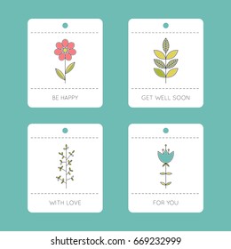 Set of vector floral cards. Flowers on a stem. For greeting cards, brochures, tags and labels, flower shops, gifts decoration and sales design, scrapbooking. Printable templates.