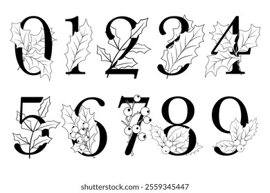Set of vector floral Christmas numbers with line art holly leaves and berries, botanical numbers