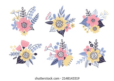 Set of vector floral compositions in doodle style. Cute stylized flowers for decor, banners, compositions, cards, etc.