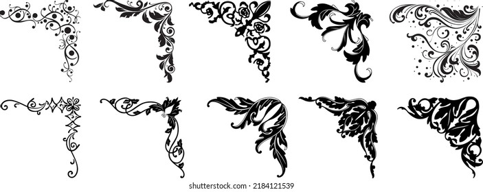 set of vector floral corners, in different styles, black on white.
