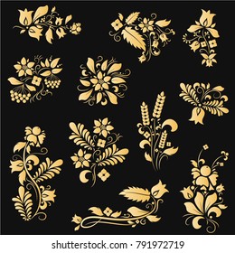 Set of vector floral decorative ukrainian ornaments element. Petrykivka style painting. Ethnic traditional design.