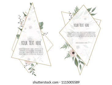 Set Vector floral design card. Greeting, postcard wedding invite template. Elegant frame with rose and anemone.