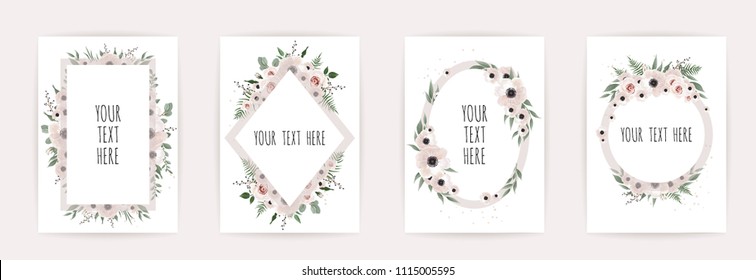 Set Vector floral design card. Greeting, postcard wedding invite template. Elegant frame with rose and anemone.