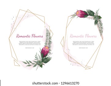 Set Vector floral design card. Greeting, postcard wedding invite template. Elegant frame with rose and anemone