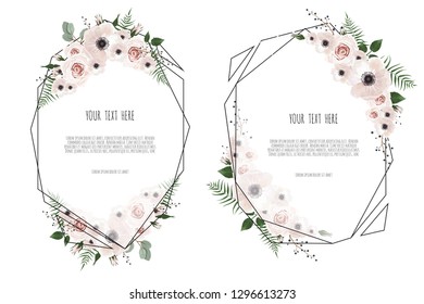 Set Vector floral design card. Greeting, postcard wedding invite template. Elegant frame with rose and anemone