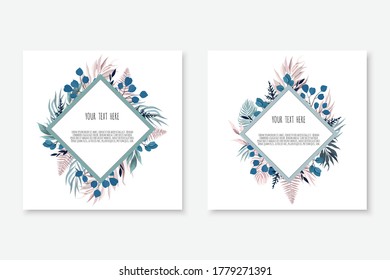 Set Vector floral design card. Greeting, postcard wedding invite template. Elegant frame with blue and pink leaves.