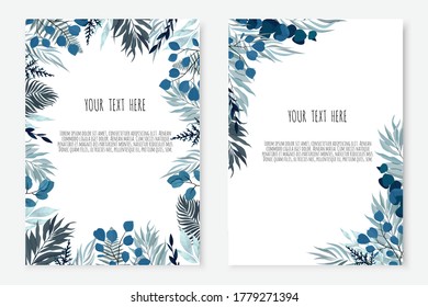 Set Vector floral design card. Greeting, postcard wedding invite template. Elegant frame with blue and pink leaves.