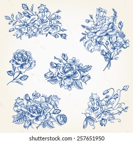 Set of vector floral design elements in blue. A collection of romantic bouquets with garden roses, sweet peas and bell. 