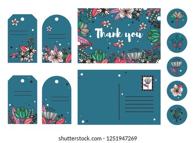 Set of vector floral design for Invitation, holiday, shops. Drawn by hand. Bright colors. Templates for cards, stickers, labels