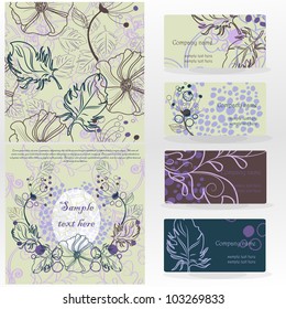 set of vector floral designs: business cards, seamless pattern, beautiful illustration frame