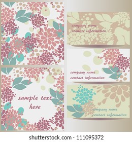 set of vector floral designs: business cards, seamless pattern, beautiful illustration frame