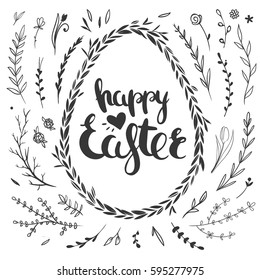 Set of vector floral doodles isolated on white. Easter greeting card template with hand drawn lettering and floral wreath. 