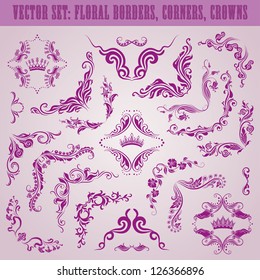 Set of vector floral elements, borders, corners, crowns for design. Page decoration.