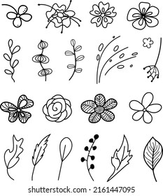 Set of vector floral elements drawn by hand. Flowers and leaves of different shapes.