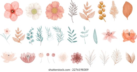 Set of vector floral elements. Flower and green leaves. Wedding concept - flowers. Floral poster, invite. Vector arrangements for greeting card or invitation design