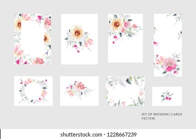 Set of vector floral elements and flowers in watercolor style for cards and wedding invitations.