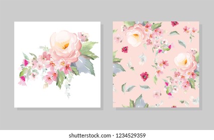 Set of vector floral elements and flowers in watercolor style for cards and wedding invitations.
