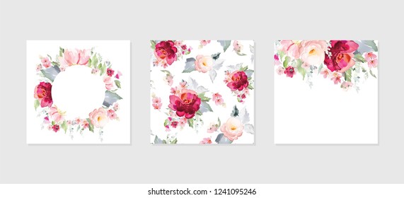 Set of vector floral elements and flowers in watercolor style for cards and wedding invitations.