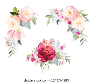 Set of vector floral elements and flowers in watercolor style for cards and wedding invitations.