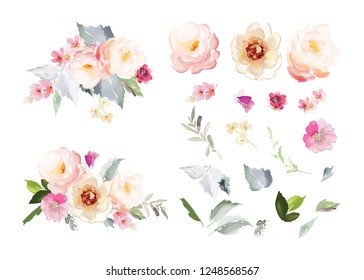 Set of vector floral elements and flowers in watercolor style for cards and wedding invitations.