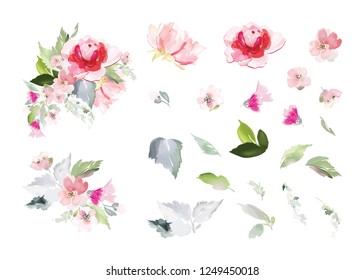 Set of vector floral elements and flowers in watercolor style for cards and wedding invitations.