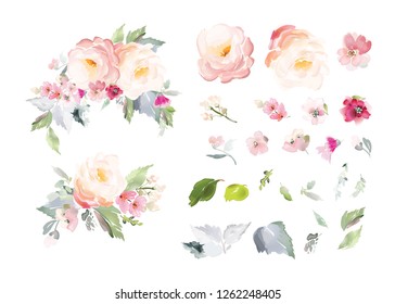 Set of vector floral elements and flowers in watercolor style for cards and wedding invitations.